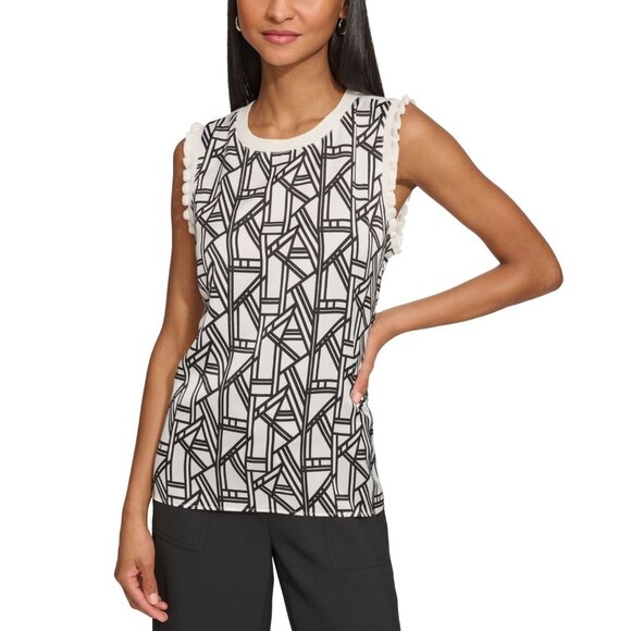 Karl Lagerfeld Tops - Karl Lagerfeld Paris Women's Geometric-Print Mixed-Media Ruffle-Trim Sweater - S
